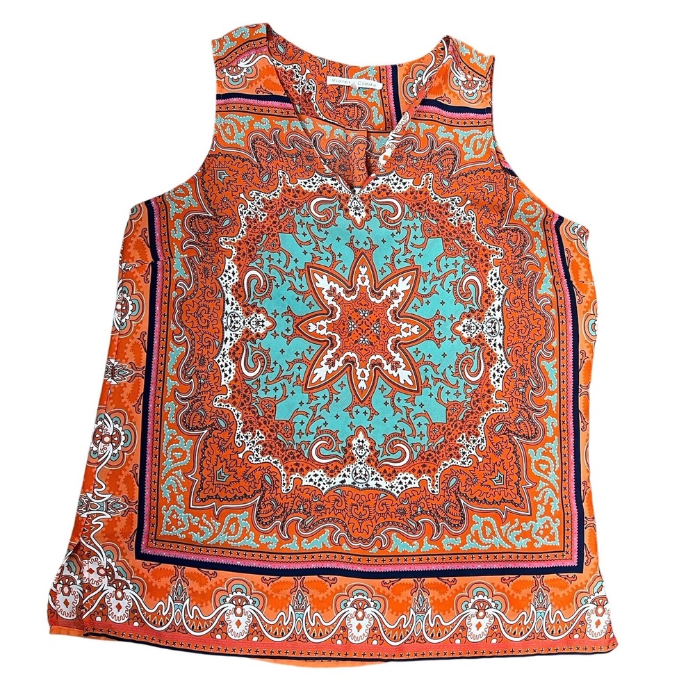 Violet + Claire Sleeveless Blouse Womens Large Orange Teal Medallion Boho Top